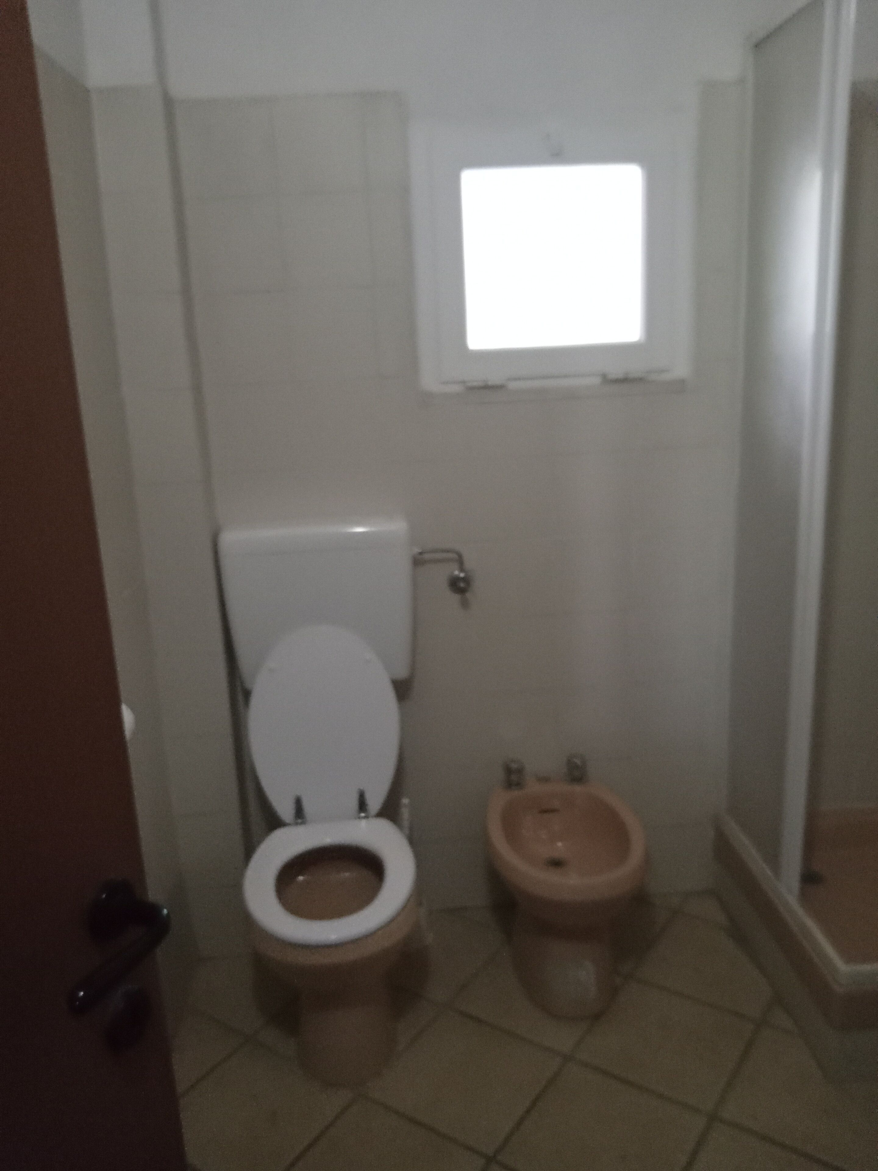 A bathroom with a toilet, bidet, and a window above the toilet.