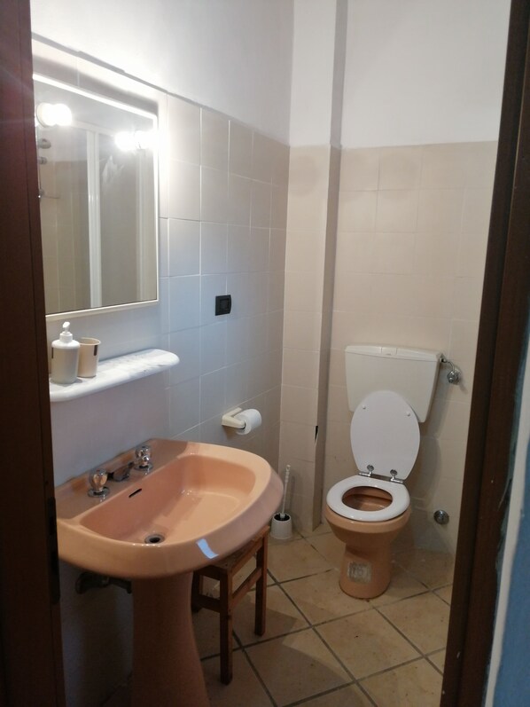 Un baño con lavamanos, espejo e inodoro.