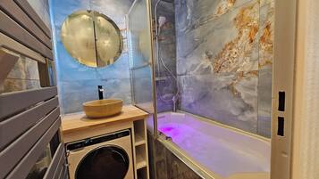 Hair dryer, towels, soap, shampoo