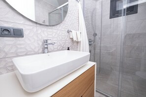 Ducha, cabezal de ducha tipo lluvia, secador de pelo, toallas