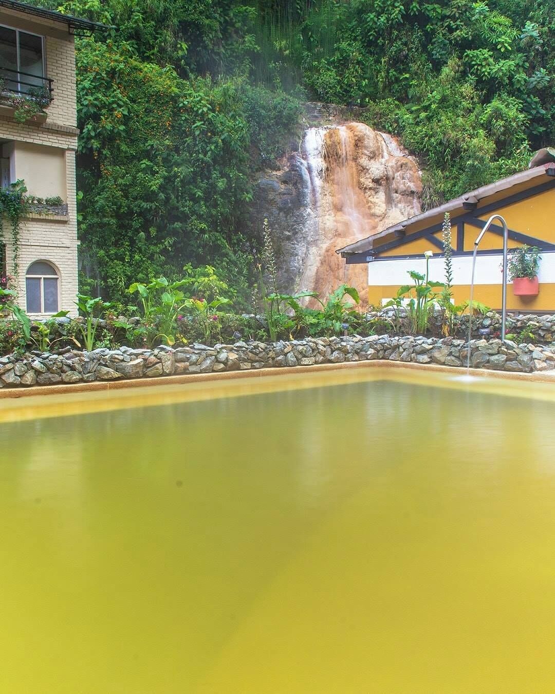 A swimming pool with a waterfall and lush greenery in the background.