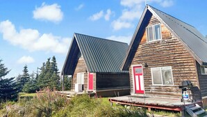 Two wooden cabins with red doors, a metal roof, and a small deck.