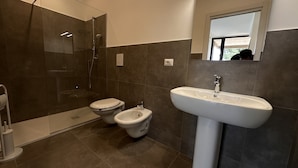 Ein modernes Badezimmer mit Dusche, zwei Toiletten und einem Waschbecken.