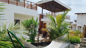 A modern outdoor area with a hammock, potted plants, and a paved walkway.