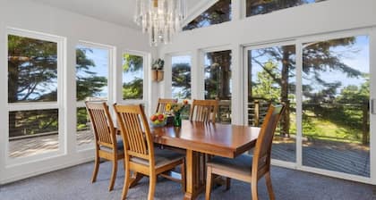 Peaceful 4BR Cape Meares Home | Ocean Views, Forest Setting, Wraparound Deck + King Bed