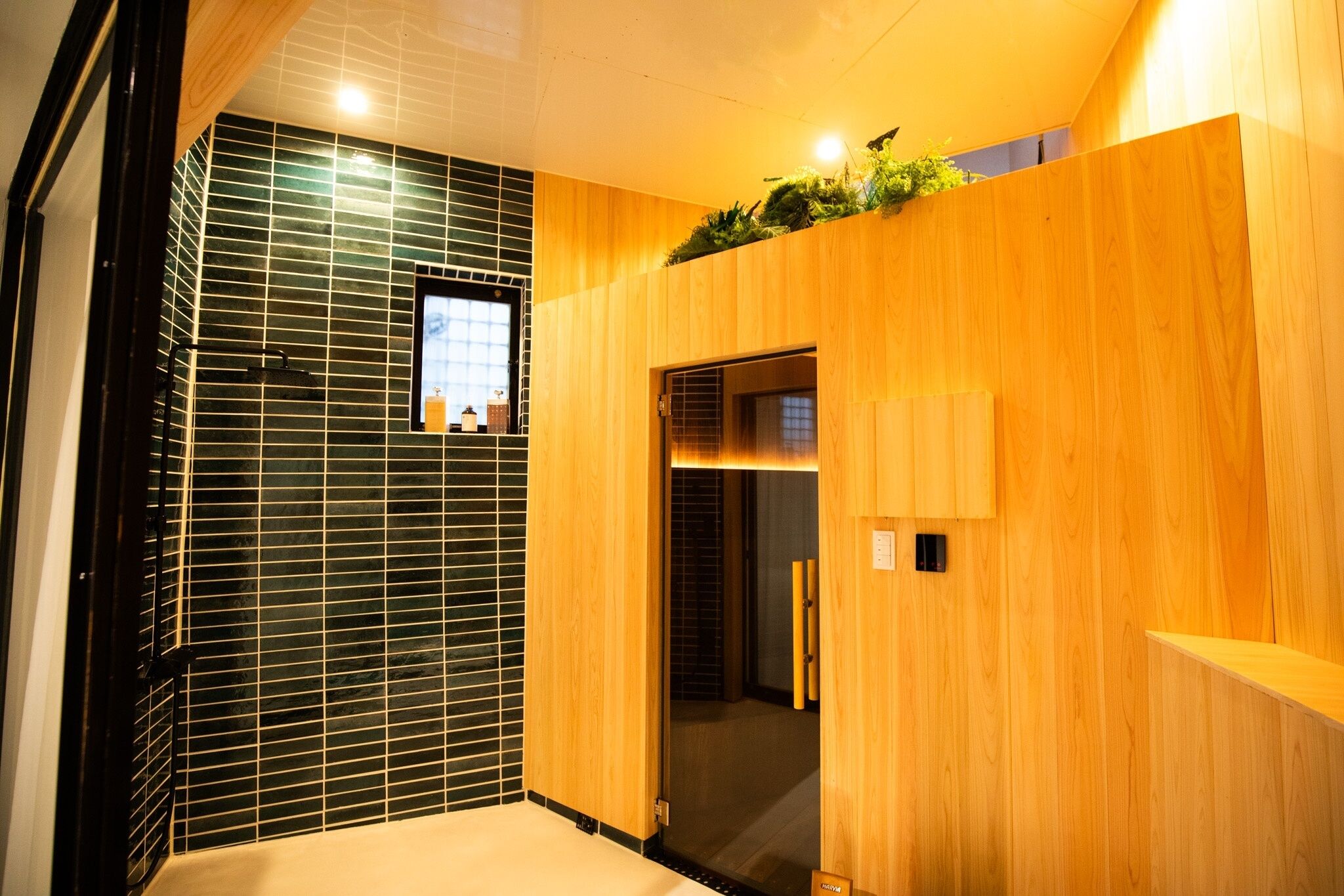 A modern interior with a wooden wall and a black tiled section, a small window with decorative items, and a door leading to another room.