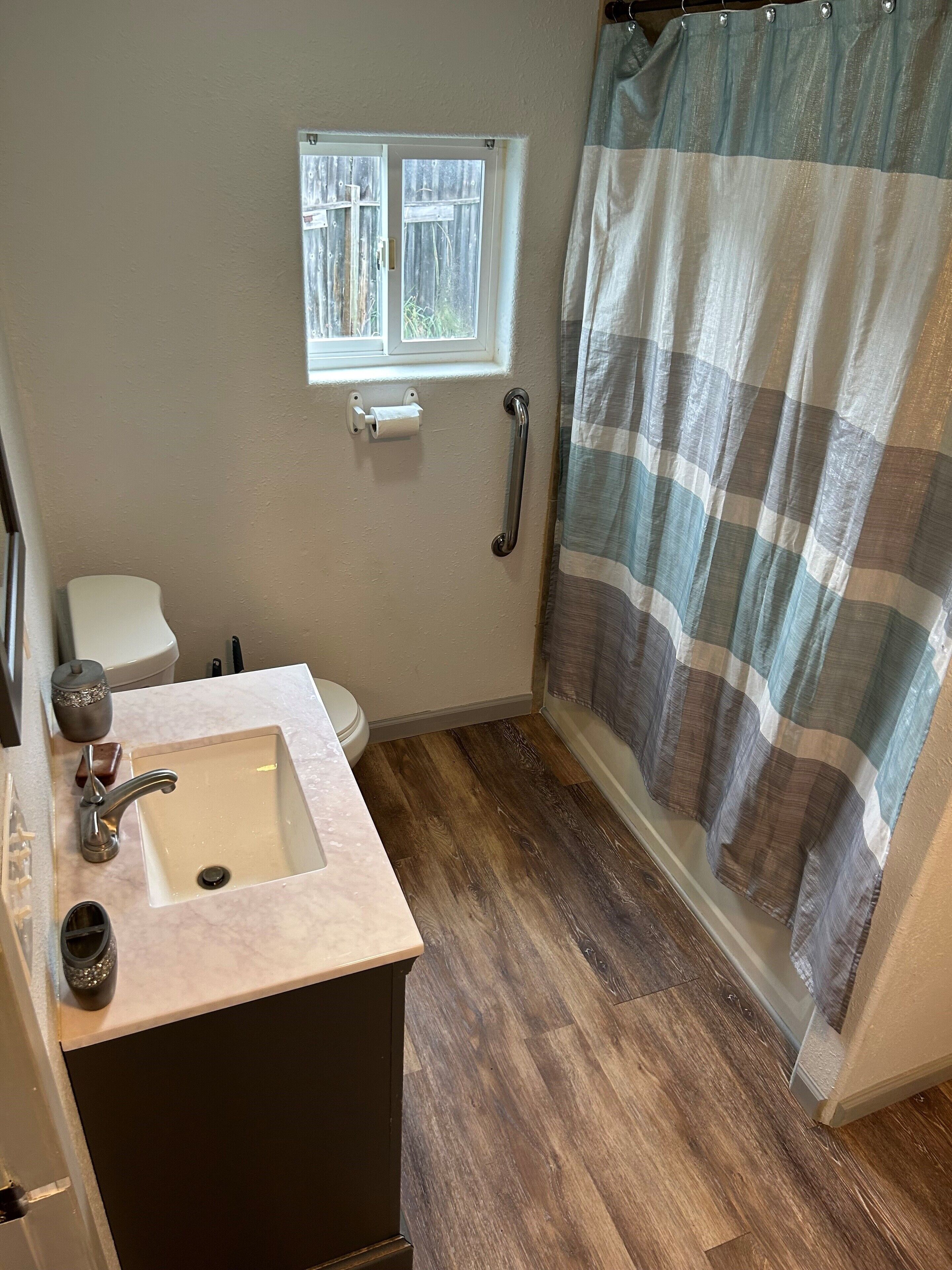 Hair dryer, towels, soap, shampoo
