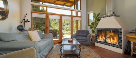 Smart TV, chimenea, estéreo y monitor de computadora