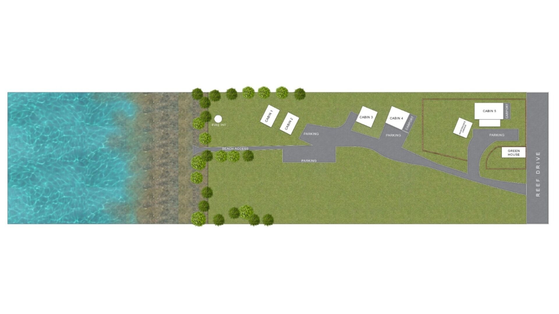 A resort layout with four cabins, a green house, and a fire pit area.