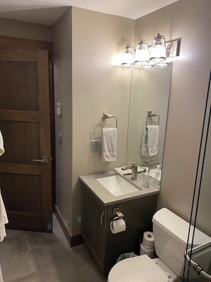Douche, séchoir à cheveux, serviettes fournies, savon