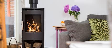 A wood-burning stove with logs, a window, and a sofa with cushions.