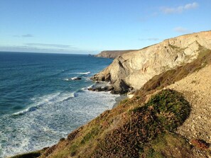 Un paysage côtier avec des falaises et l’océan.