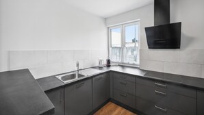A modern kitchen with grey cabinets, a stainless steel sink, and a window with a view of buildings. - Awesome apartment in Lörrach with WiFi (Lörrach)