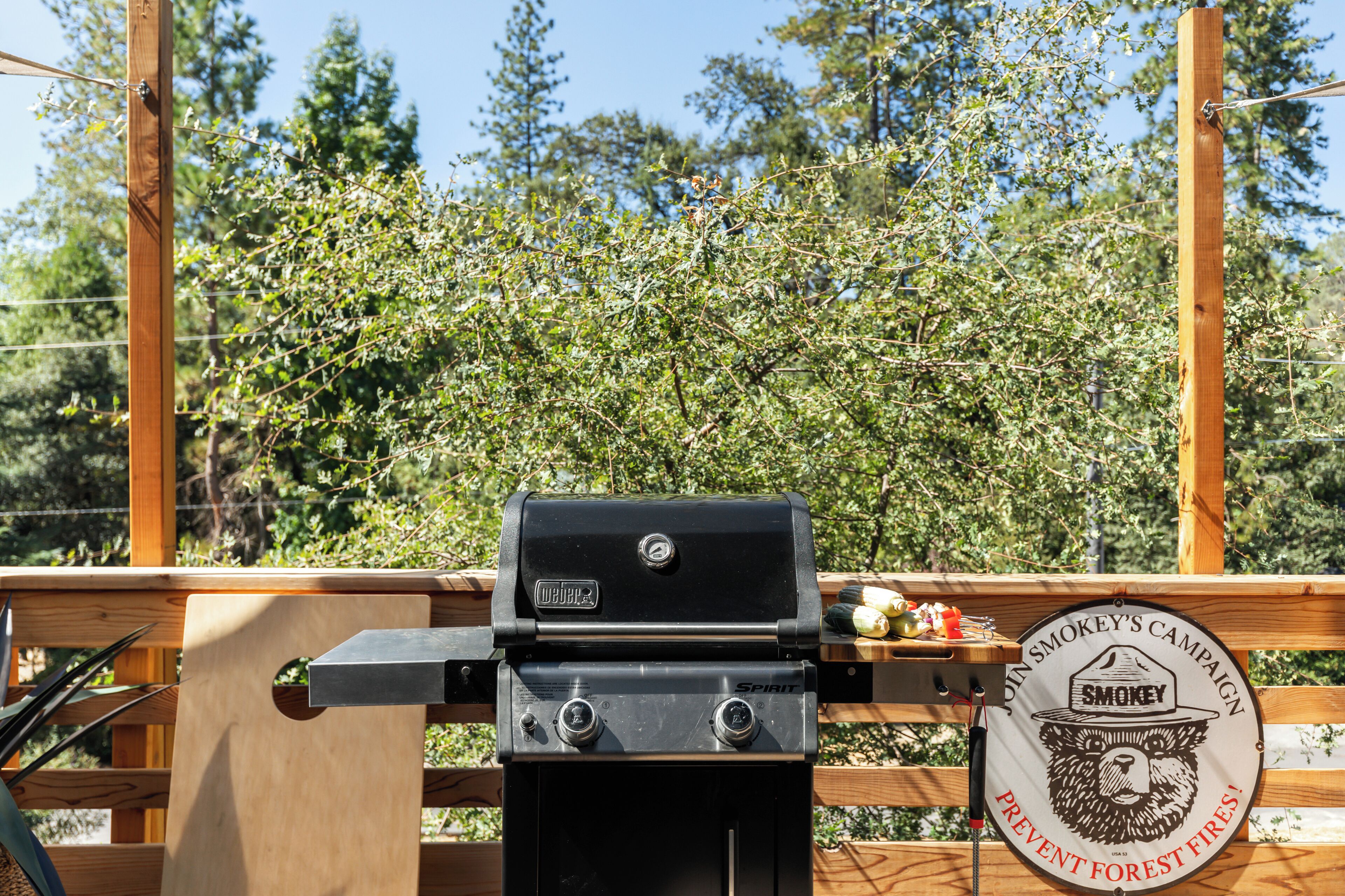 Een barbecue met Smokey's Campaign logo, een houten terras en een bordje dat waarschuwt voor bosbrandpreventie.