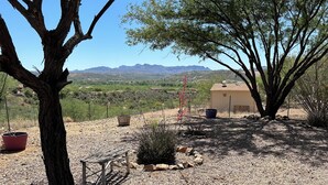 A desert landscape with a tree, a wooden bench, and a small shed. - Desert Oasis Retreat (Rio Rico)