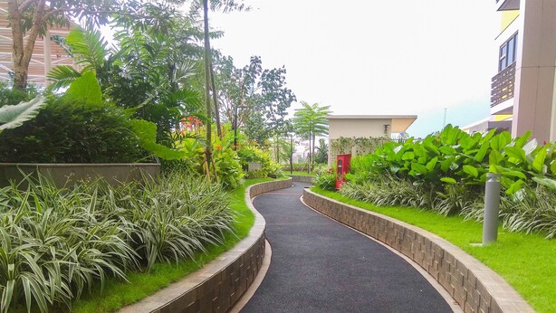 Un sendero curvo bordeado por abundante vegetación y muros de ladrillo, que conduce a un edificio de diseño moderno con una entrada visible.