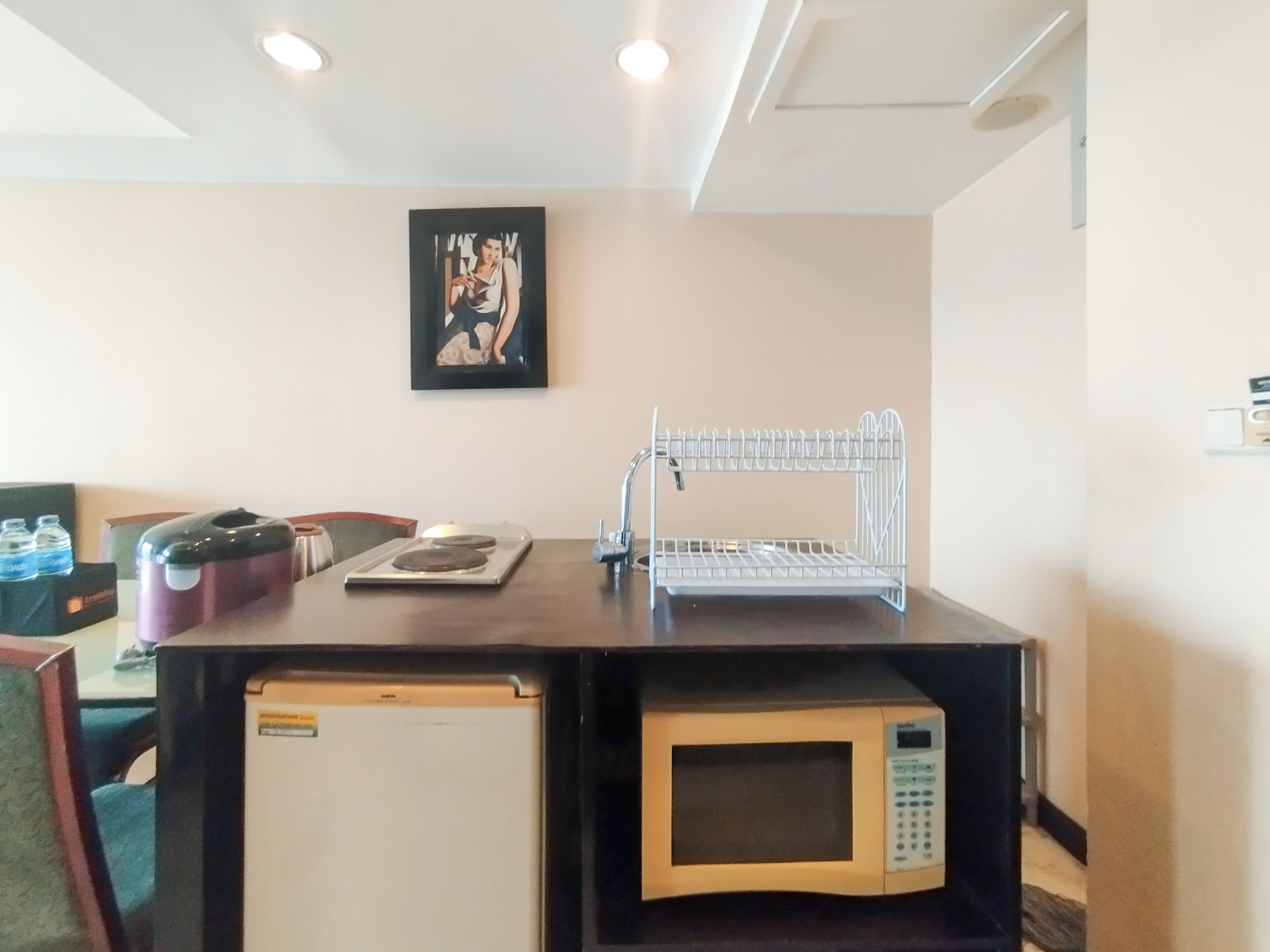 A compact kitchenette with a microwave, a small refrigerator, and a metal drying rack.