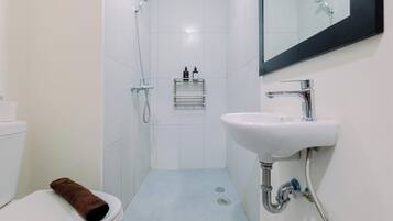 A small, modern bathroom with a toilet, a sink, a shower, and a mirror.