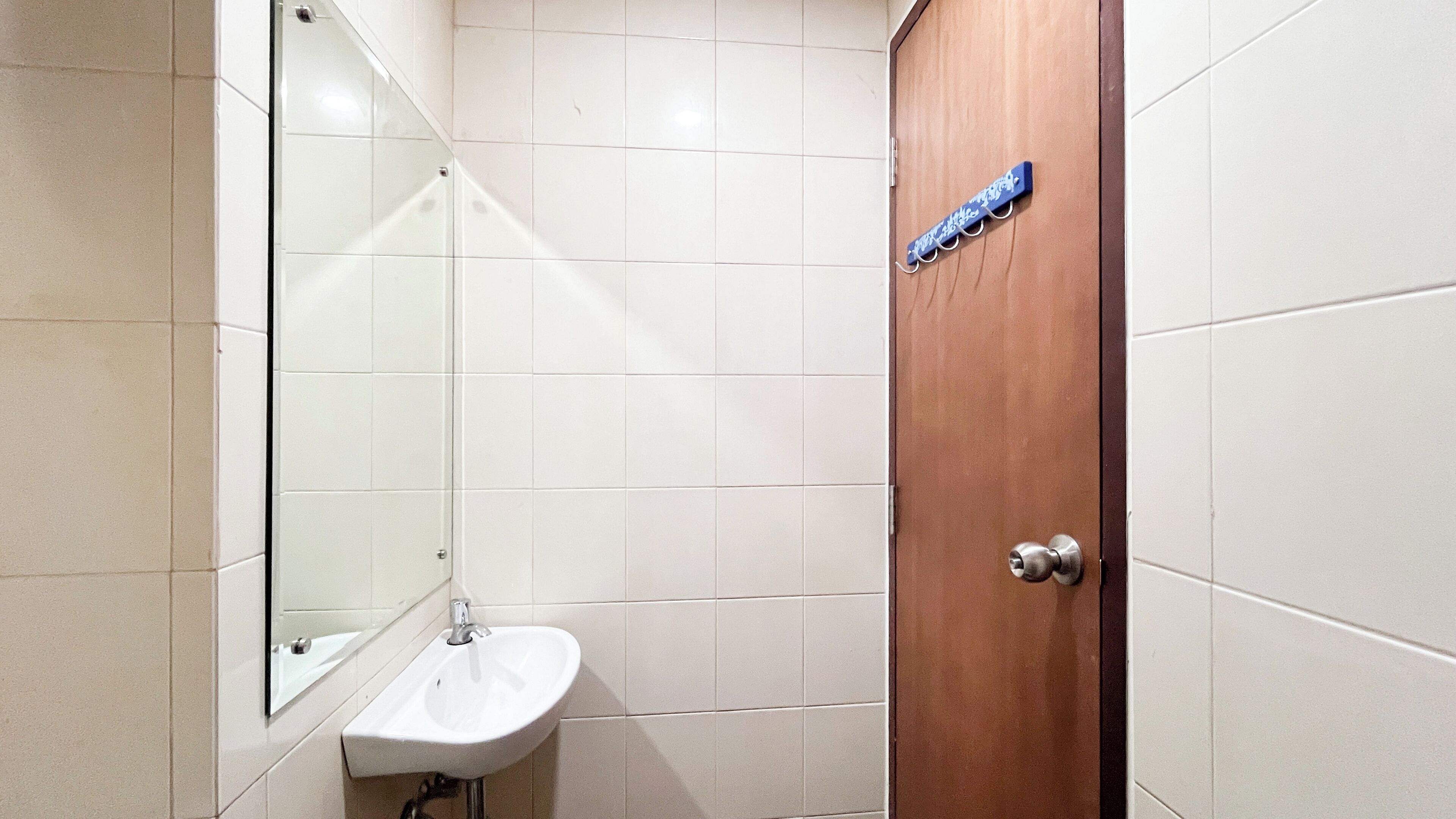 A bathroom with a white sink, a mirror, and a wooden door.