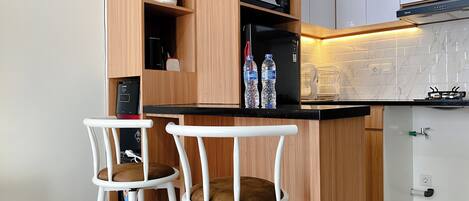 Apartment | Private kitchen | Full-size fridge, microwave, stovetop