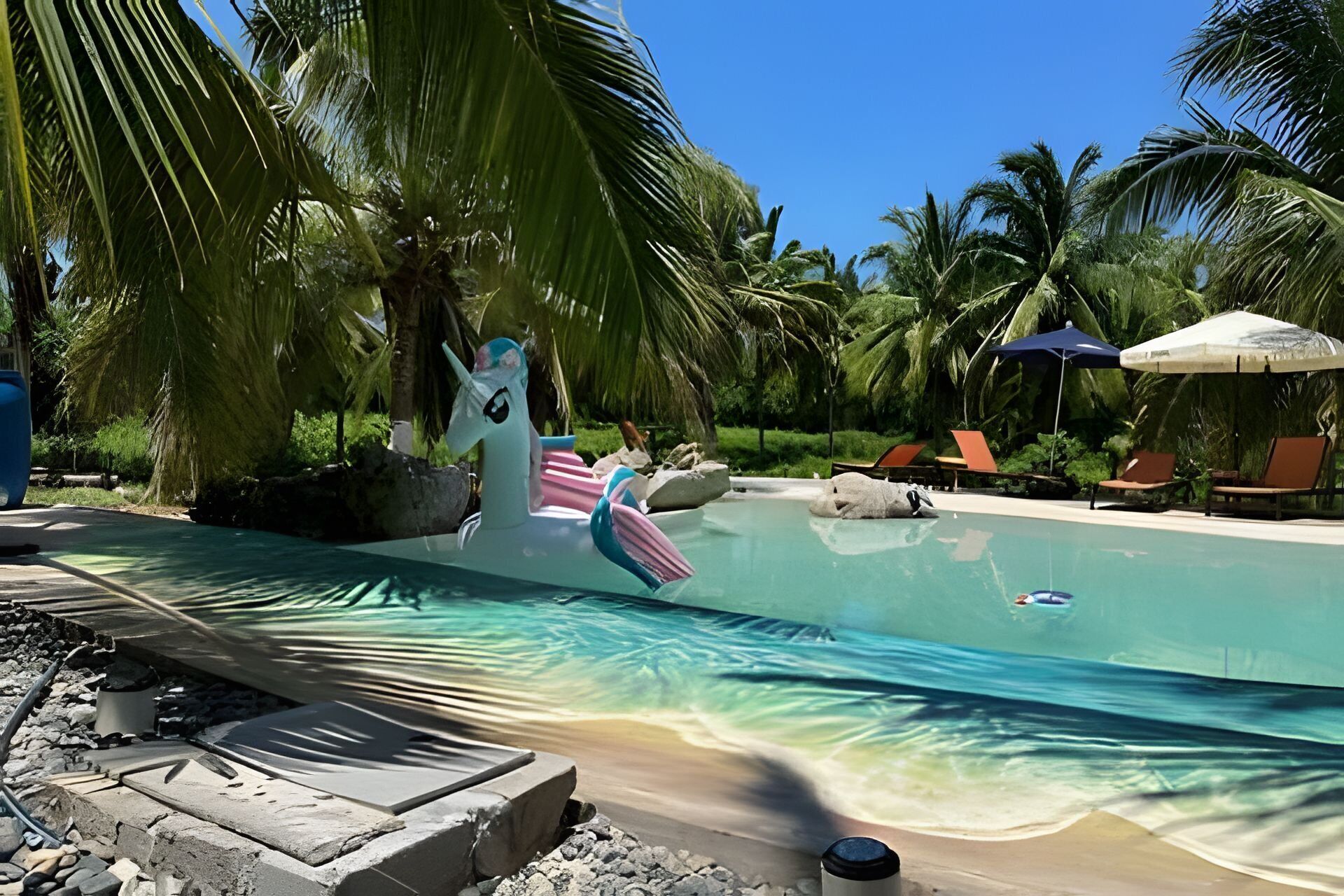 Un área de piscina con sillones de descanso, sombrillas y una estatua decorativa de un unicornio.