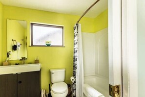 Hair dryer, towels, soap, shampoo