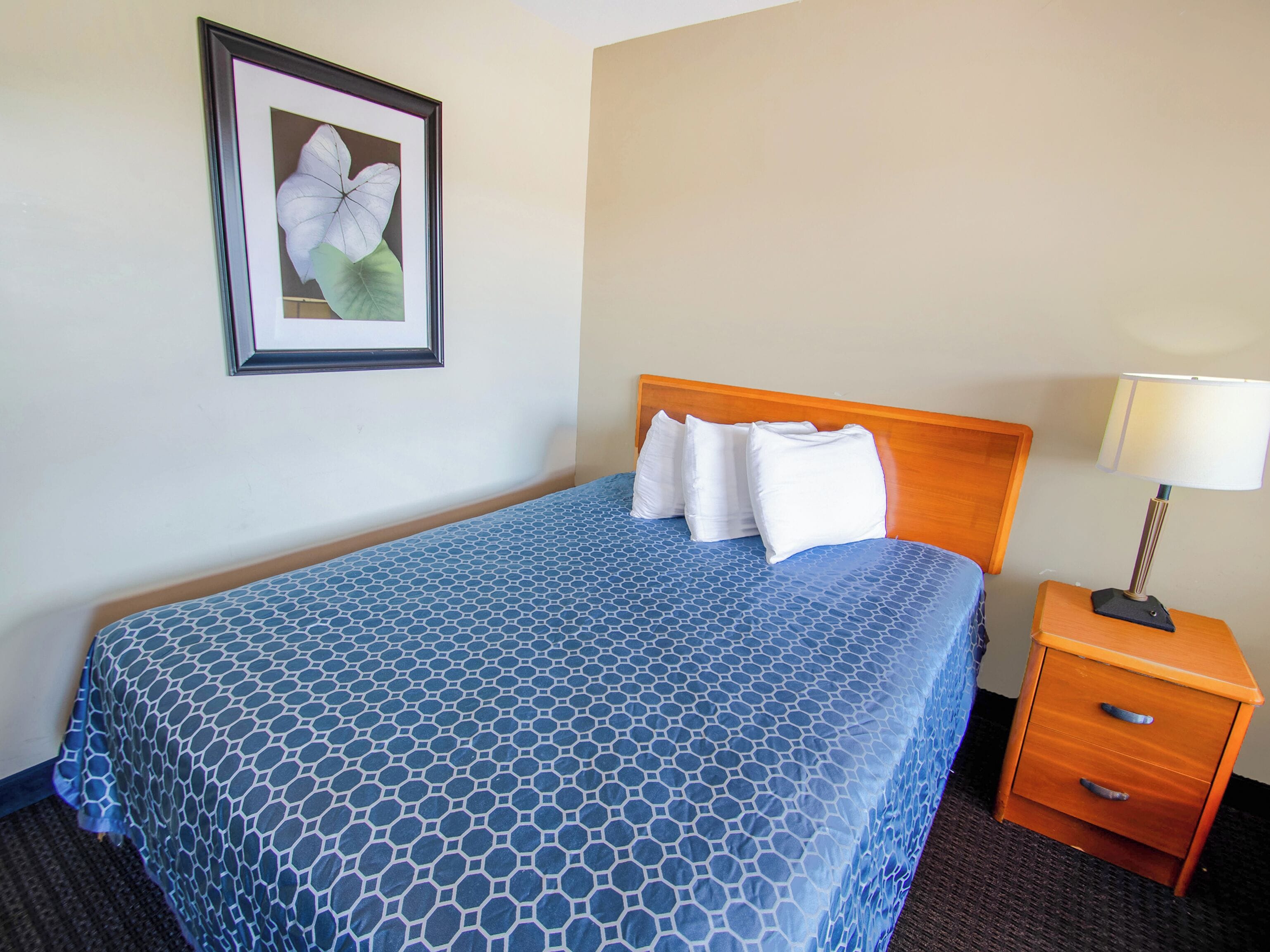 A hotel room with a bed, a nightstand, a lamp, and a framed picture on the wall.
