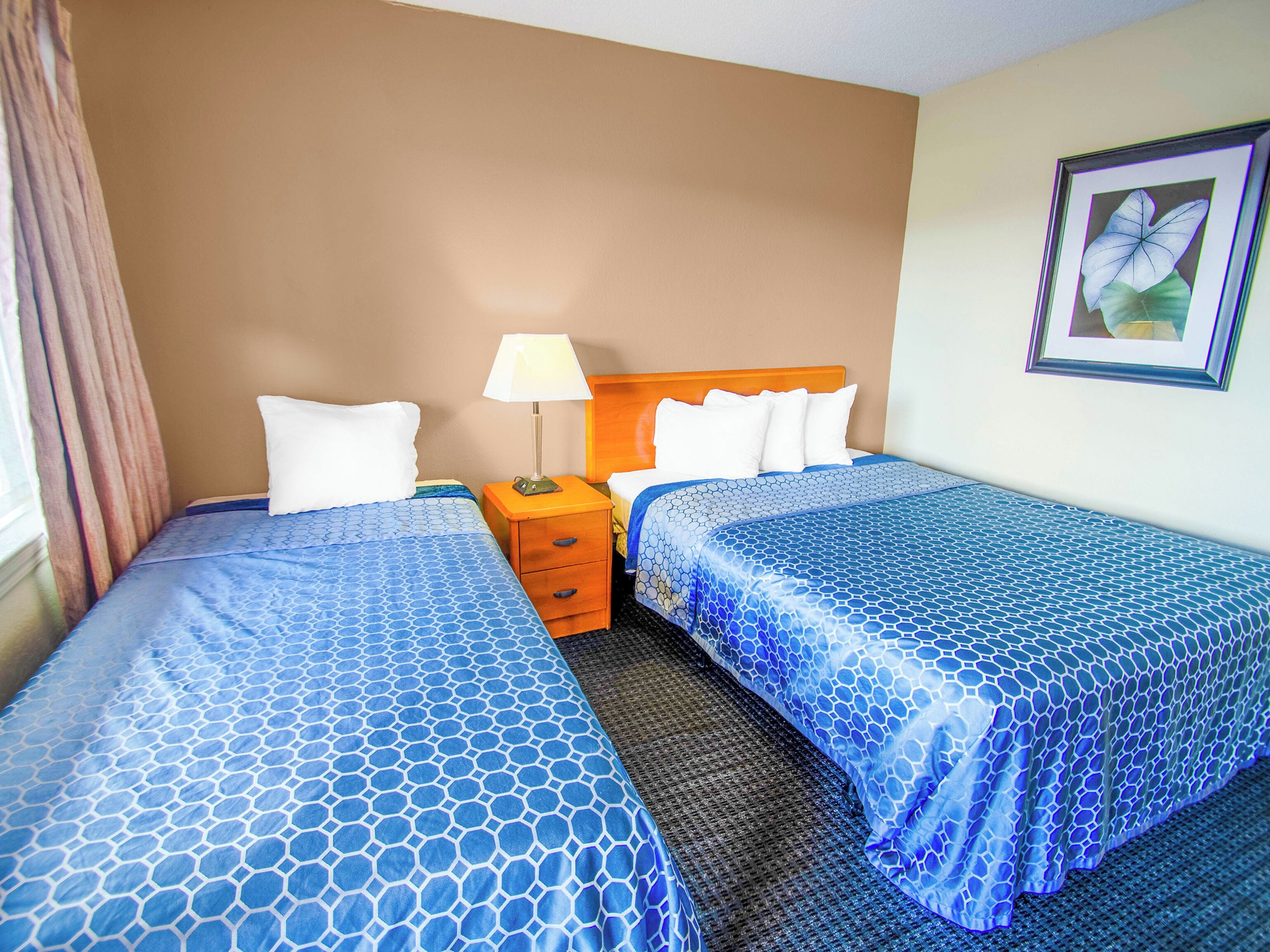 A hotel room with two beds, a nightstand, a lamp, and a framed picture on the wall.