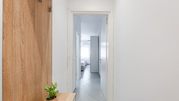 A hallway with a wooden floor, a potted plant, and a white door leading to a bedroom with a bed and a nightstand.