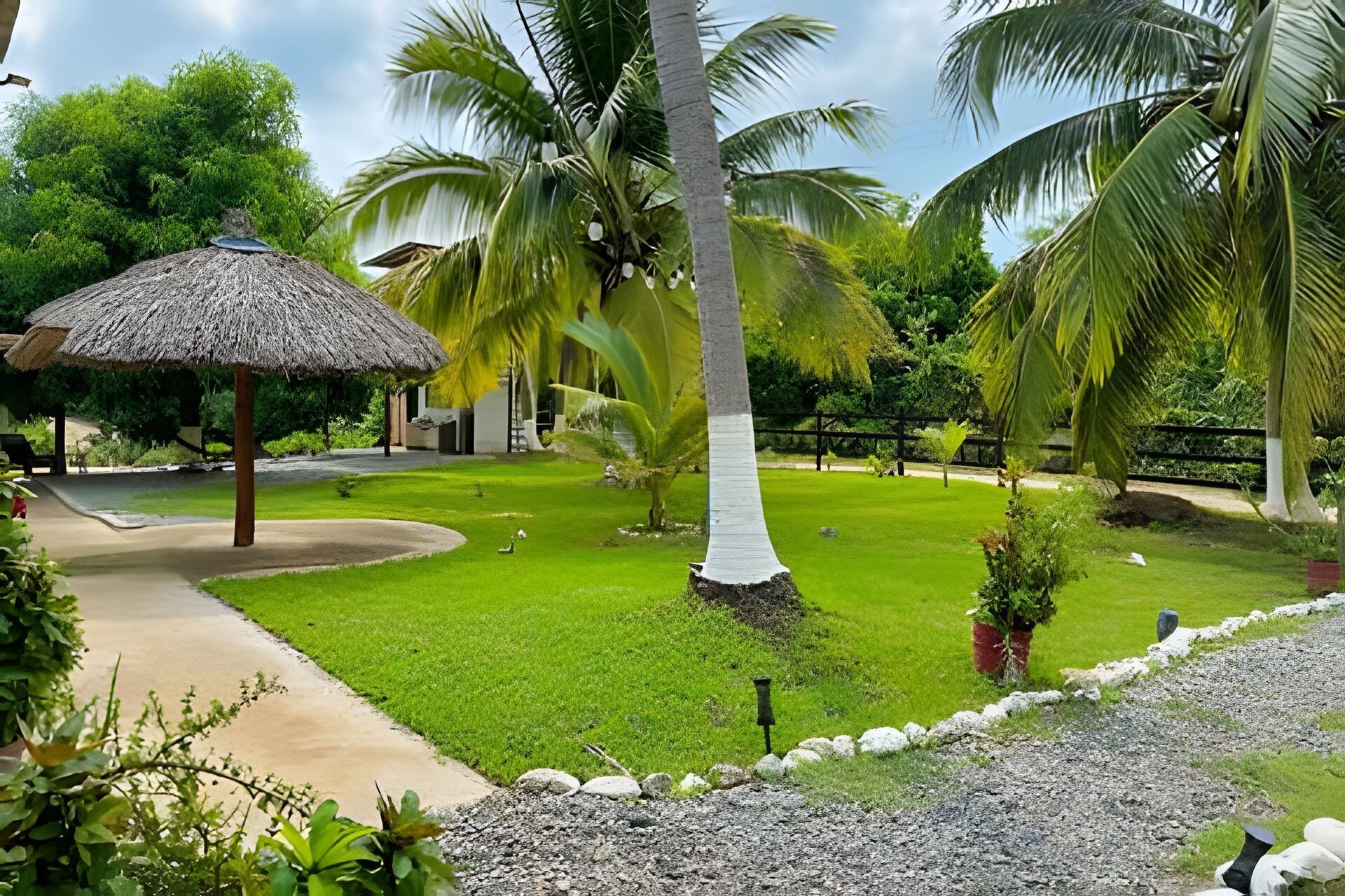 Ein tropisches Resort mit einer strohgedeckten Struktur, Palmen und einem gepflegten Rasen.