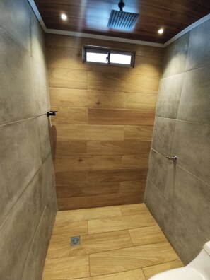 Shower, towels, soap, toilet paper