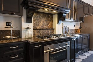 Fridge, oven, stovetop, cookware/dishes/utensils