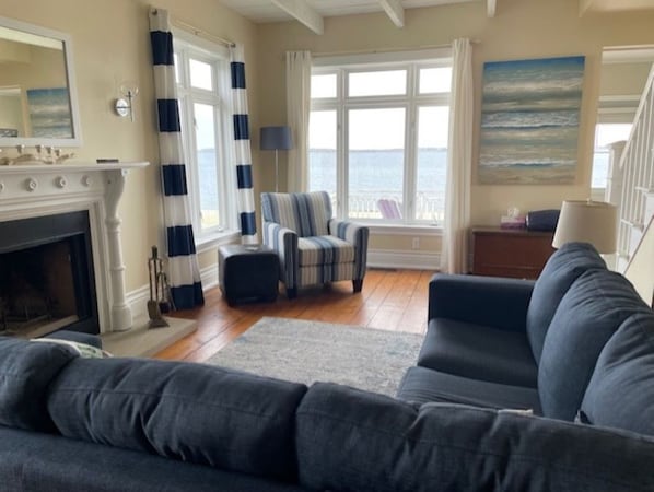 Smart TV, fireplace, books