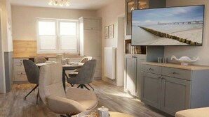 Una sala de estar moderna con una mesa redonda, un televisor montado en la pared y vista a un muelle.