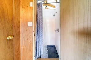 Puerta de madera que da a una zona de ducha con cortina decorada y cabezal de ducha visible.