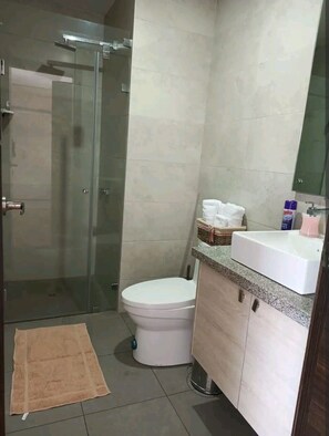 Shower, hair dryer, towels, soap