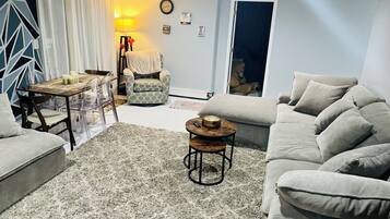 Smart TV, fireplace, books