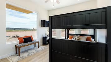 Smart TV, fireplace, table tennis, books
