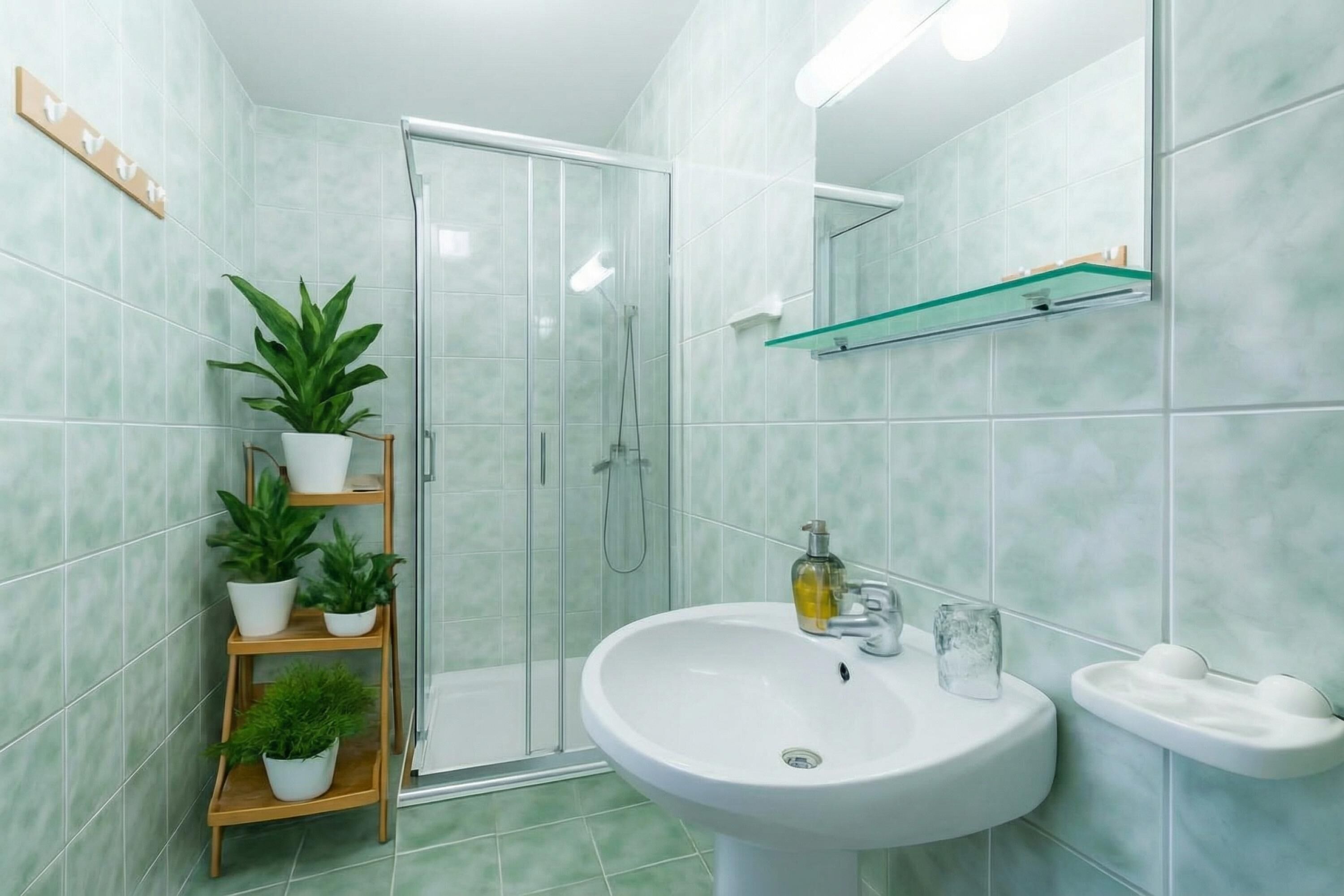 Ein Badezimmer mit einer Duschkabine aus Glas, einem weißen Waschbecken, einem Spiegel und einem Regal mit Topfpflanzen.