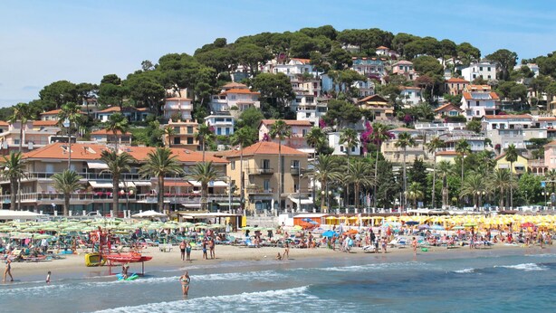 Eine Küstenstadt mit Strand, Gebäuden und Palmen.