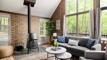 Een televisie, een open haard, een stereo en een kantoor