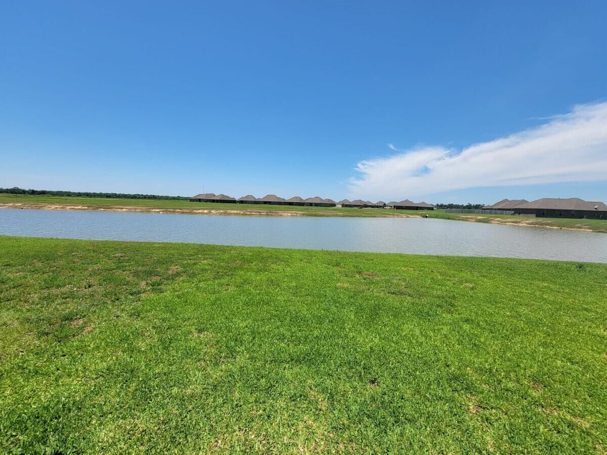 A grassy area with a body of water and distant buildings.