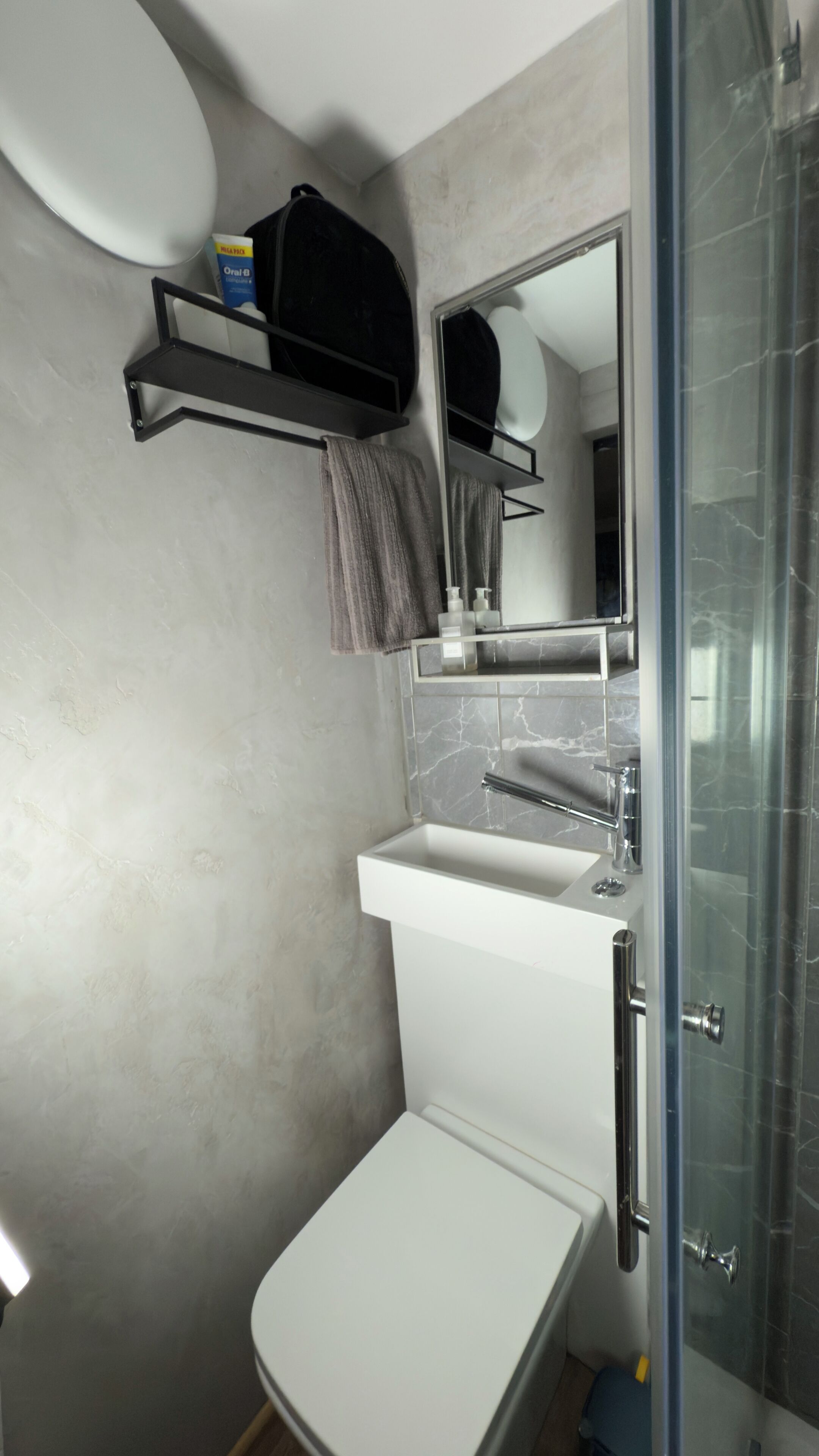 Hair dryer, towels, soap, toilet paper