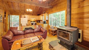 Ein gemütliches Blockhaus-Interieur mit Ledersofa, einem kleinen Holztisch, Kamin und Küchenzeile.