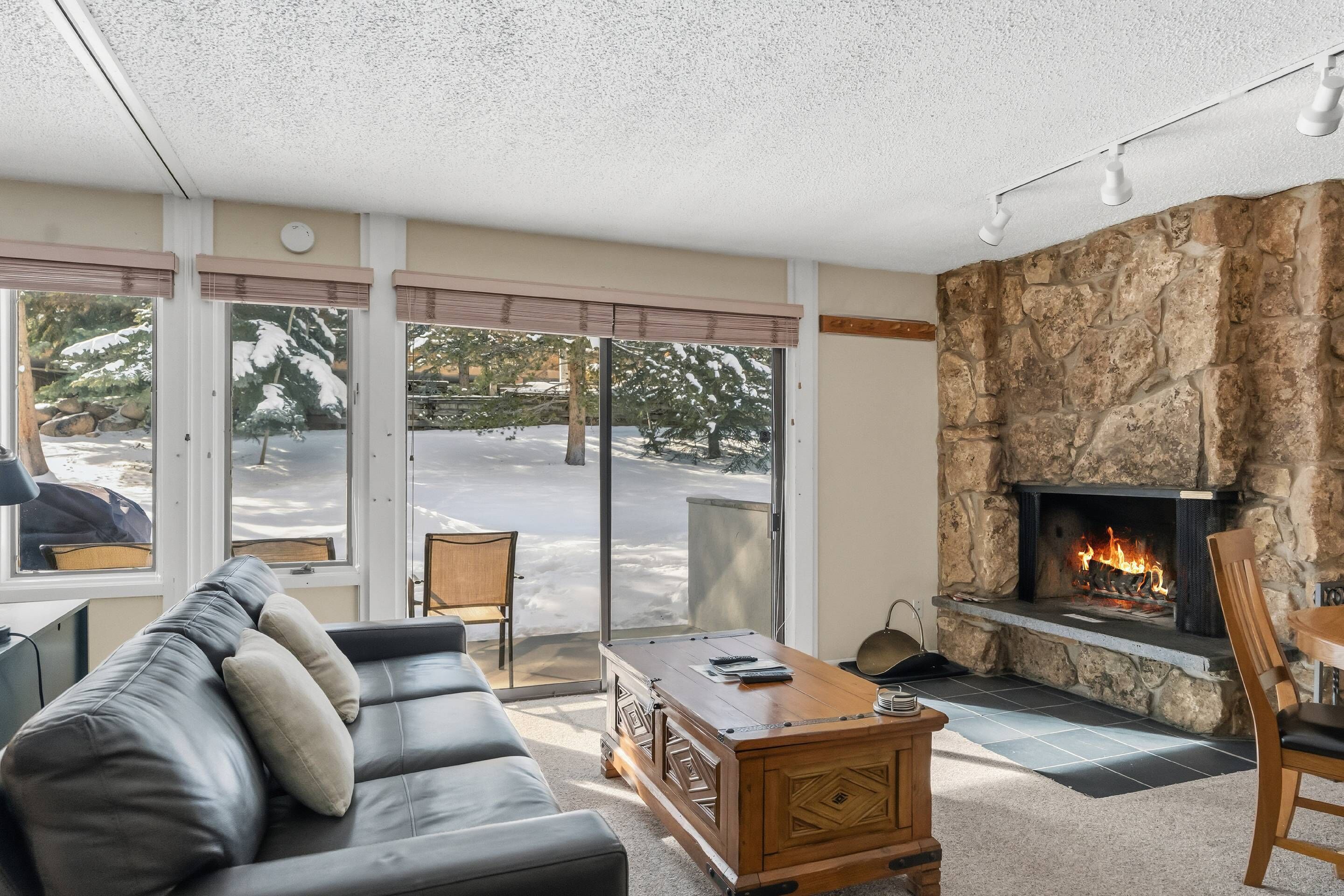 Un salón con chimenea, un sofá, una mesa de centro y ventanas amplias con vistas a árboles cubiertos de nieve.