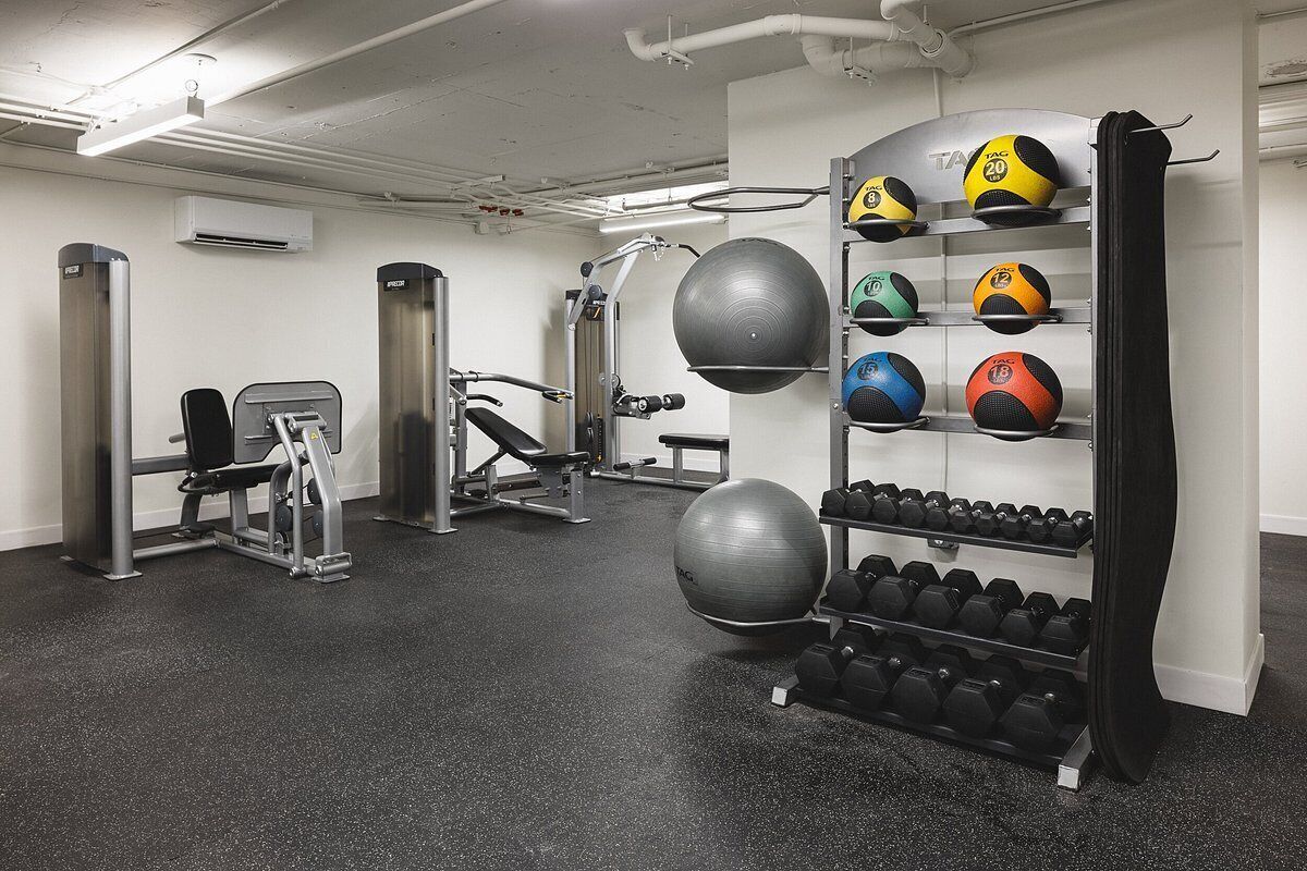 A gym with exercise equipment, a rack of medicine balls, and dumbbells.