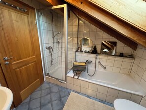 Shower, hair dryer, towels - Ferienwohnung Kampenwinkel 68 qm, Schlafzimmer, Wohn-/schlafzimmer, Südbalkon (Aschau im Chiemgau)