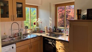 A kitchen with wooden cabinets, a Bosch dishwasher, a sink, and a window with autumn foliage view. - Ferienwohnung Kampenwinkel 68 qm, Schlafzimmer, Wohn-/schlafzimmer, Südbalkon (Aschau im Chiemgau)