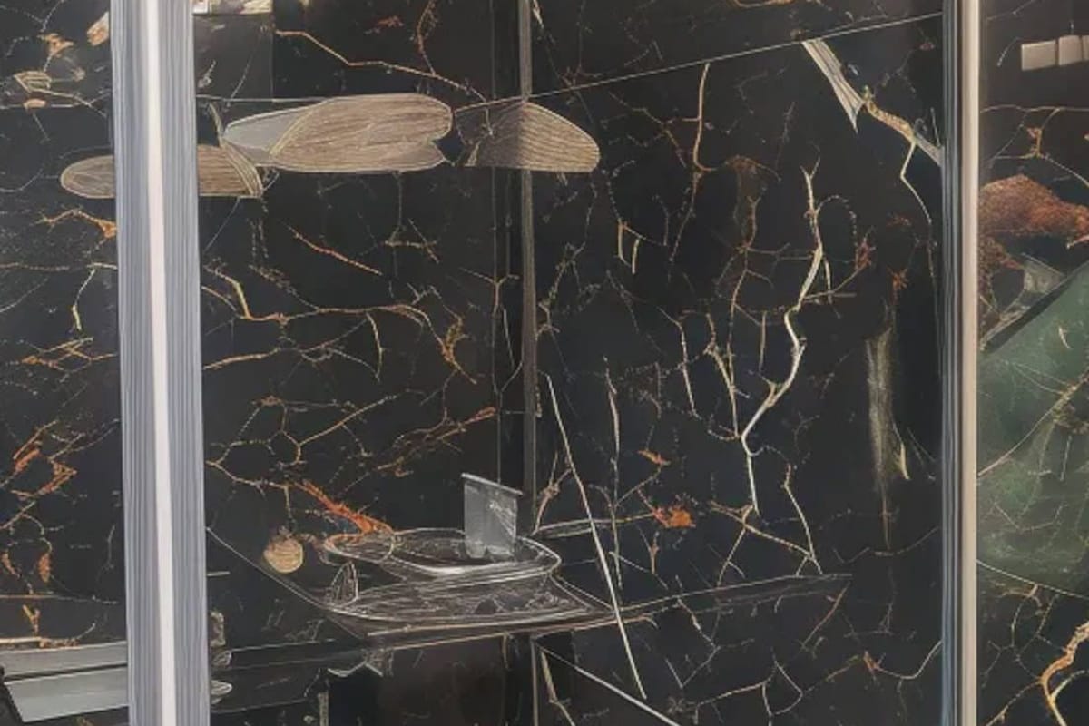 Una habitación con una pared de mármol negro con vetas doradas, una mesa de cristal transparente y una lámpara colgante.