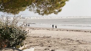 A beach with several boats parked on the sand, a tree in the foreground, and a distant view of a city skyline.